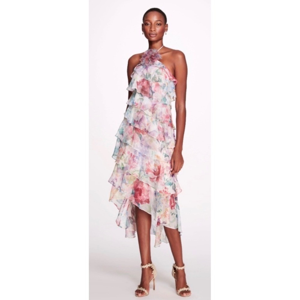 Marchesa Notte Womens Size 8 Floral Ruffle Halter Midi Dress Formal‎ Designer